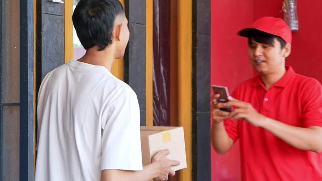 Delivery man package handover with smartphone ensuring service confirmation and client satisfaction
