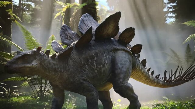 Cinematic Ultra-Realistic Stegosaurus Footage: Dinosaur Walking Slowly Through Misty Prehistoric Forest with Filtered Sunlight, Shallow Depth of Field