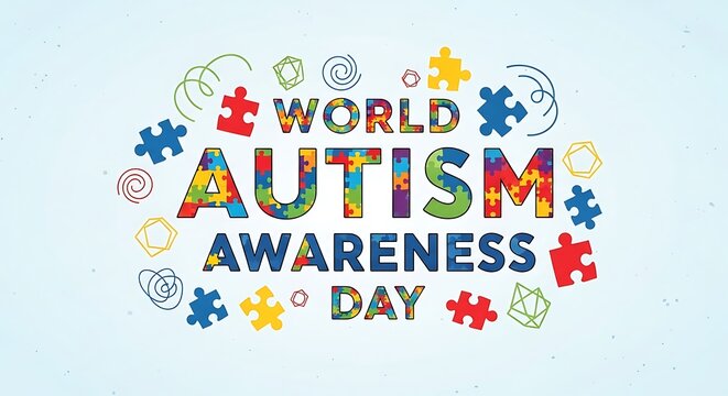 Colorful puzzle pieces form "World Autism Awareness Day" text - Powered by Adobe