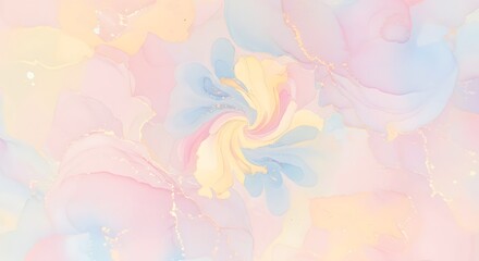 Abstract, ethereal watercolor with flowing, pastel colors, golden veins, & a swirling floral center