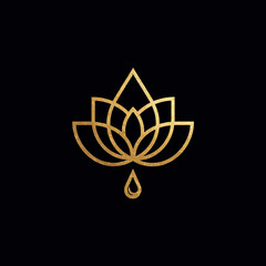 Fototapeta premium Elegant golden lotus flower minimalist line art with essential oil drop on dark background, symbolizing spiritual wellness and purity.