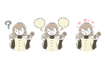 毛糸を持って考えている女性のイラストセット