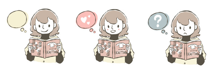 編み物の本を読んでいる女性のイラストセット