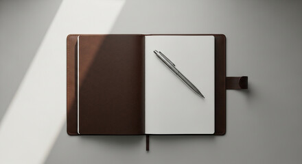 Stylish brown leather journal awaits your thoughts with a modern pen resting on its blank pages, ready for creative writing or business planning today