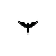 Obraz premium Elegant black silhouette of a winged female figure, symbolizing freedom, spirituality, and grace. Graphic design element.