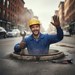 
a plumber looks out of a manhole