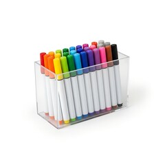 
colored markers in a transparent box