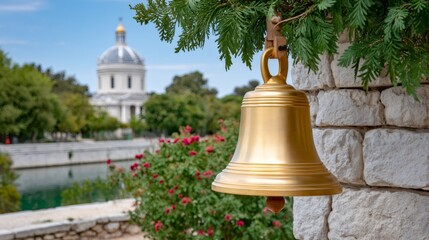 Golden bell hanging, cathedral dome in background