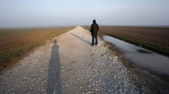 Solitary man walking on a dusty rural road enveloped in fog, casting a long shadow against overcast sky and misty fields, evoking mystery and tranquility