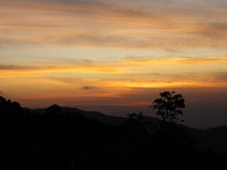 Golden sunrise in the early morning, warm sunlight spreading across the sky, creating a peaceful and beautiful start to the day.