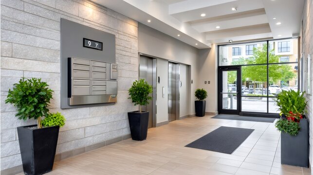 Modern building lobby showing elevators and mailboxes