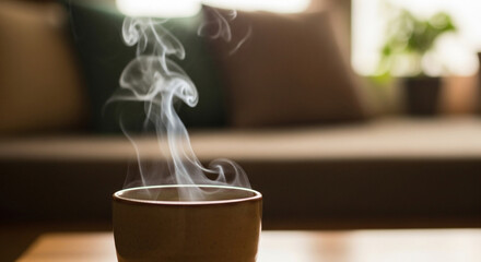 Enjoy a warm, inviting moment with steaming coffee or tea in a cozy room, perfect for relaxation and comforting self care, use in wellness blogs too