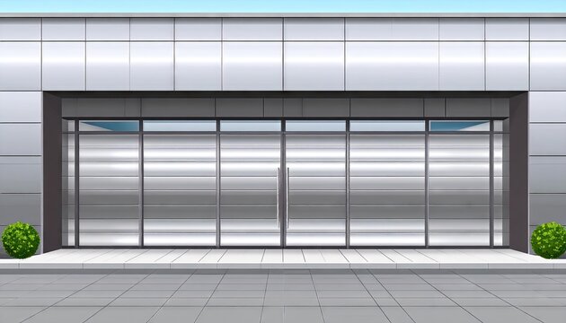 Modern architectural exterior presents a commercial building with a central entrance featuring large metallic doors.