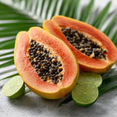 Sliced papaya with lime on green leaves, vibrant and fresh.