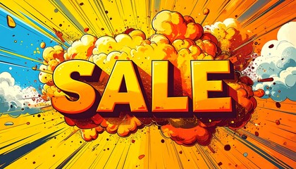 Bold, yellow text "SALE" erupts amidst vibrant explosion of color