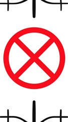 A vertical white graphic with black swashes & a centered red circle crossed by a red diagonal X