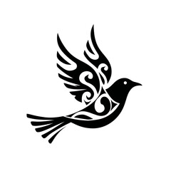 Obraz premium Elegant black silhouette of a flying bird, featuring intricate tribal and ornamental patterns, symbolizing freedom and peace. Graphic design element.