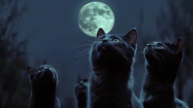 Black Cats Gazing at Full Moon, Nighttime Scene, Feline Mystery, Halloween Concept, Dark and Moody, Animal Behavior