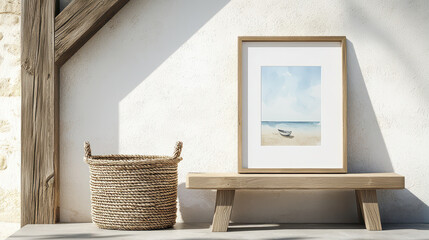 Serene coastal scene framed lovely wooden frame, placed minimalist wooden table beside woven basket. soft colors evoke