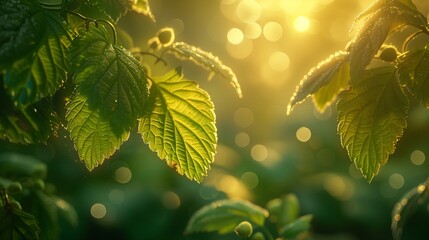 sunlight filtering through vibrant green leaves, creating a sense of warmth and tranquility