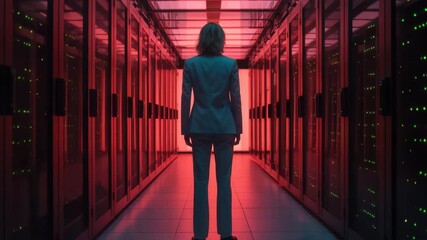 Female engineer navigating server room with powerful data flow in modern data center for cutting-edge technology and innovation solutions - Powered by Adobe
