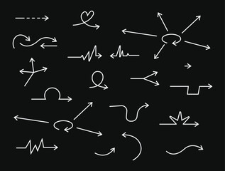 Arrow vector hand drawn sketch icon set. Doodle sketch hand drawn direction element set. Pencil doodle flat line design cartoon elements. Scribble swirl arrow sign. Vector illustration.