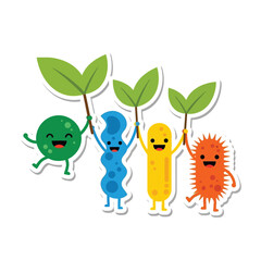 Obraz premium Cheerful cartoon microorganisms holding up leaves, representing growth and nature.