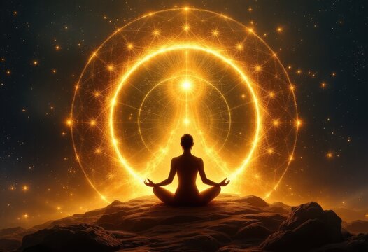 Silhouetted figure meditating in golden portal