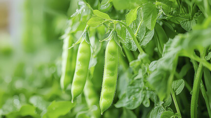 Fototapeta premium Fresh green peas hanging on plant, surrounded by vibrant green leaves, evoke sense of nature bounty and freshness