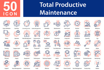 Minimalist Total Productive Maintenance Line Color icons set with editable stroke, featuring:  Asset Utilization,Question,Consulting service,Quality Management ,Reliability,Maintenance,Root Cause