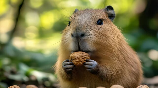 Close-up Portrait of a Capybara Eating a Walnut, Holding Food with Paws, in Natural Outdoor Setting with Bokeh Background