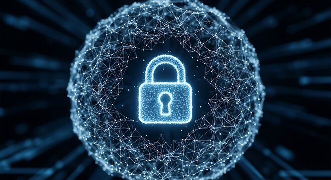3D glowing sphere made of connected points and lines with padlock in center, network security, data protection, and cybersecurity concept.