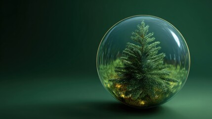 Miniature xmas tree inside christmas snow globe glass sphere on green background