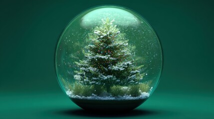 Miniature xmas tree inside christmas snow globe glass sphere on green background