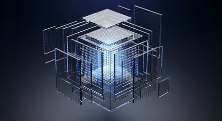 3D transparent glass cube with glowing binary code inside on dark gradient background, encrypted data, digital security, and technology concept.
