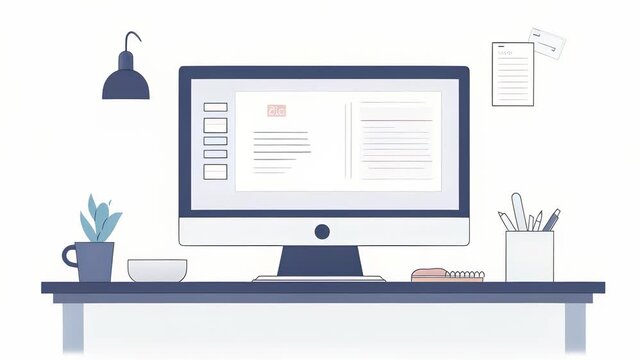 Minimalist Desktop Illustration: Computer Screen, Lamp, Plant, and Stationery on a Clean White Background for Remote Work and Creative Workspace Concepts