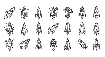 Collection of unique rocket ship icons in black and white for space exploration concepts
