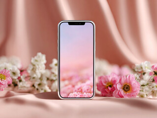 Luxury Smartphone Mockup with Flowers on Soft Pink Fabric. Elegant Pastel Product Design.