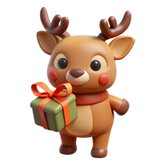 Naklejka premium A charming cartoon reindeer cheerfully presents a wrapped gift, spreading holiday joy and good cheer.