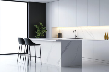 Minimalist kitchen with white cabinets, sleek design, and modern bar stools, creating serene atmosphere