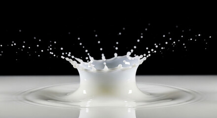 Dynamic milk splash frozen in time against a stark black backdrop, creating a captivating visual for food and beverage promotions or dairy-related campaigns