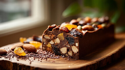 Close-up of a luxury chocolate bar, emphasizing the quality of its natural ingredients and the charm of its craft imperfections.