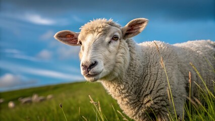Obraz premium Cute young white sheep livestock with wool grazing on green grass in a spring meadow