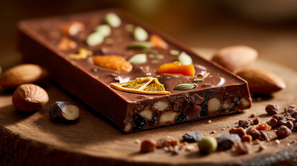 A wholesome and indulgent confection, this artisanal chocolate bar offers a sensory experience with its rustic, chunky texture.