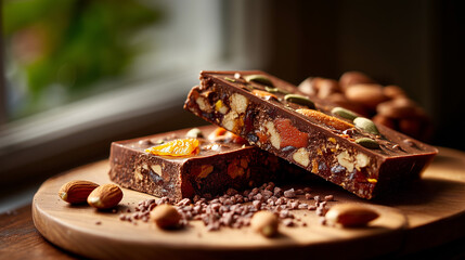 Gourmet artisanal chocolate with rich texture, showcasing whole almonds, pistachios, and fruit in a warm, inviting setting.