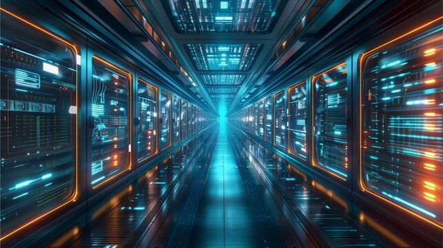 A futuristic data center corridor illuminated with neon lights, suggesting a digital realm. The design has a technological and advanced feel.