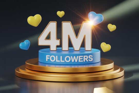 4m followers celebration with hearts on a golden stage render