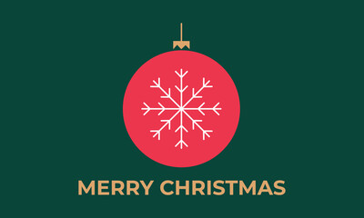 Minimalist Merry Christmas greeting card with a red ornament ball and white snowflake on a green background. Perfect for festive decoration, invitations, banners, and seasonal digital design.