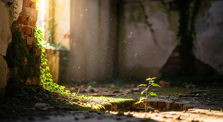 Hope blossoms in abandoned ruins bathed in ethereal sunlight, a testament to nature's resilience and new beginnings found in unexpected places.