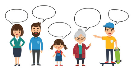 Diverse cartoon family expressing thoughts in speech bubbles engaging in open dialogue